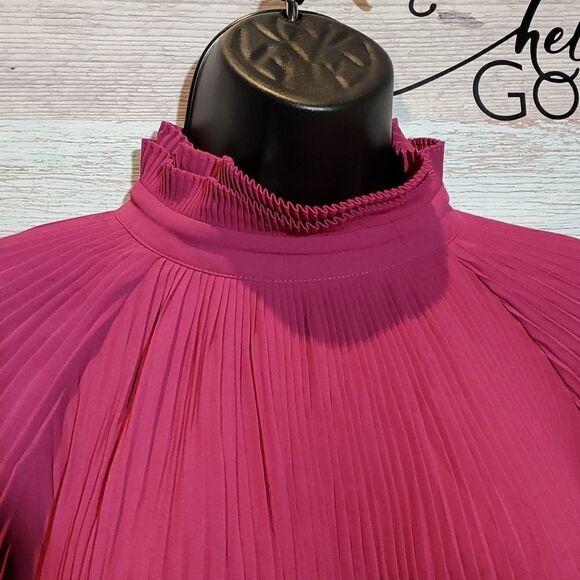 Eva Longoria Plum Pleated High Neck Career Blouse Long Sleeve, Size M - Picture 3 of 8